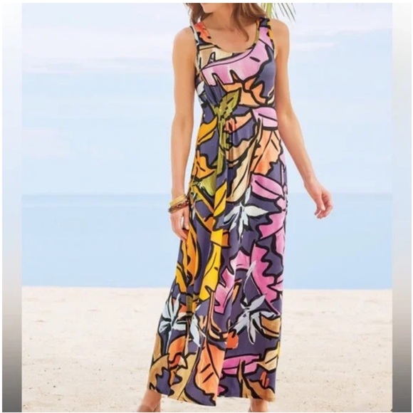 Soft Surroundings Maxi Joylyn maxi Dress, multi Leaf print Sz S - Picture 1 of 8